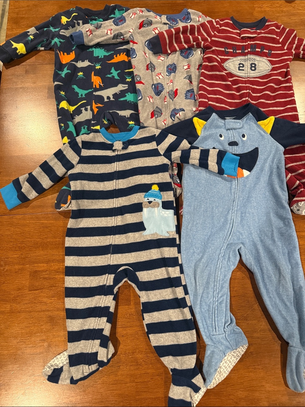 Carter's Navy & Gray Striped Baby Footie Lot with Dino and Animal Prints